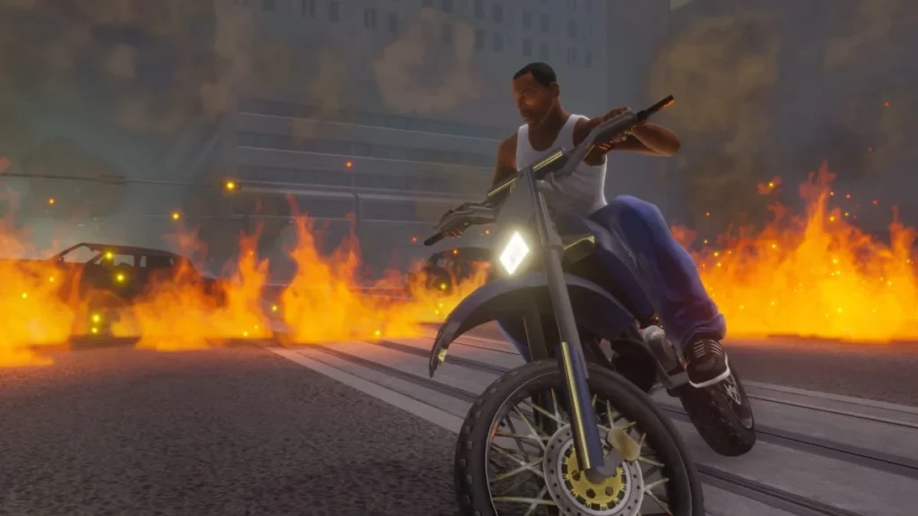 GTA San Andreas CJ karakteri, yanmakta olan sokaklarda motosiklet sürerken - Başlat Tuşu