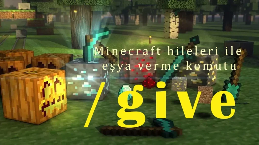 Minecraft Hileleri | Java & Bedrock Tüm Kodlar 3 Minecraft hileleri /give komutu ile elmas cevheri ve elmas kazma gibi eşyaların kazanılmasını temsil eden görsel.