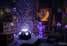 Minecraft Büyü Rehberi: Büyü Masası, Tüm Büyüler ve En İyi Kombinasyonlar (2026) Minecraft Büyü Rehberi 2026: Kitaplıklarla çevrili büyü odası ve parlayan Netherite zırh seti.