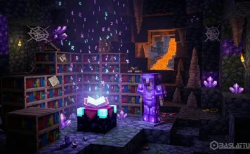 Minecraft Büyü Rehberi: Büyü Masası, Tüm Büyüler ve En İyi Kombinasyonlar (2026) Minecraft Büyü Rehberi 2026: Kitaplıklarla çevrili büyü odası ve parlayan Netherite zırh seti.