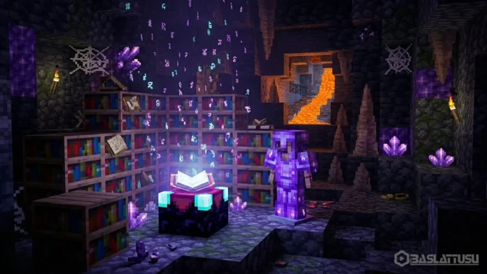 Minecraft Büyü Rehberi 2026: Kitaplıklarla çevrili büyü odası ve parlayan Netherite zırh seti.