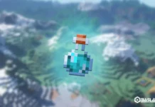 Minecraft dünyasında hızı artıran turkuaz renkli Hız İksiri (Potion of Swiftness) şişesi, arka planda Minecraft manzarası ve Başlat Tuşu logosu.