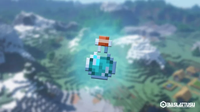 Minecraft dünyasında hızı artıran turkuaz renkli Hız İksiri (Potion of Swiftness) şişesi, arka planda Minecraft manzarası ve Başlat Tuşu logosu.