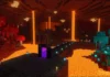 Minecraft Nether portalı ve arka planda Nether Kalesi lav denizi manzarası