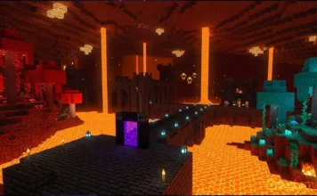 Minecraft Nether portalı ve arka planda Nether Kalesi lav denizi manzarası