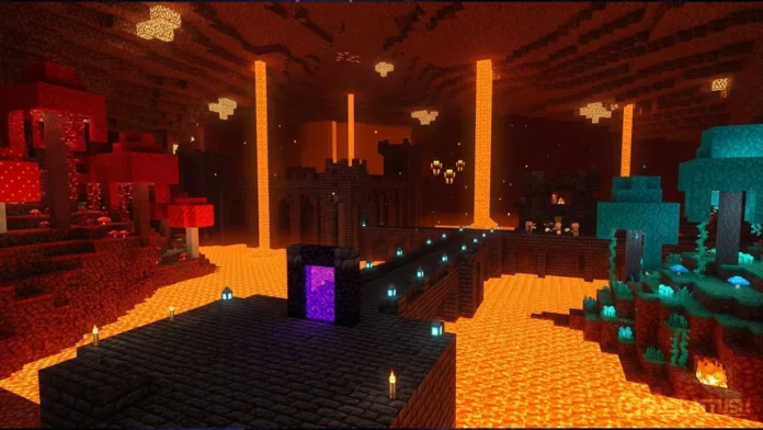 Minecraft Nether portalı ve arka planda Nether Kalesi lav denizi manzarası