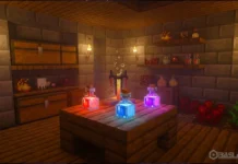 Minecraft İksir Rehberi 2026: Tüm Tarifler ve Malzemeler Minecraft iksir tezgahında renkli iksirler kaynatılırken brewing stand kullanımı