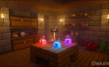 Minecraft iksir tezgahında renkli iksirler kaynatılırken brewing stand kullanımı