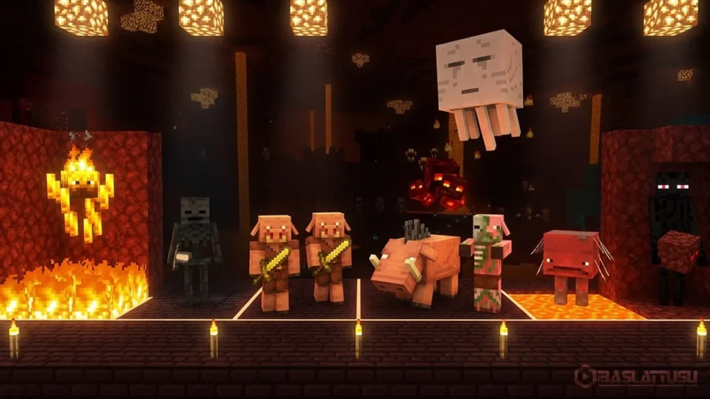 Minecraft Nether rehberi tüm Nether mobları Blaze Ghast Piglin Wither İskeleti Hoglin Strider