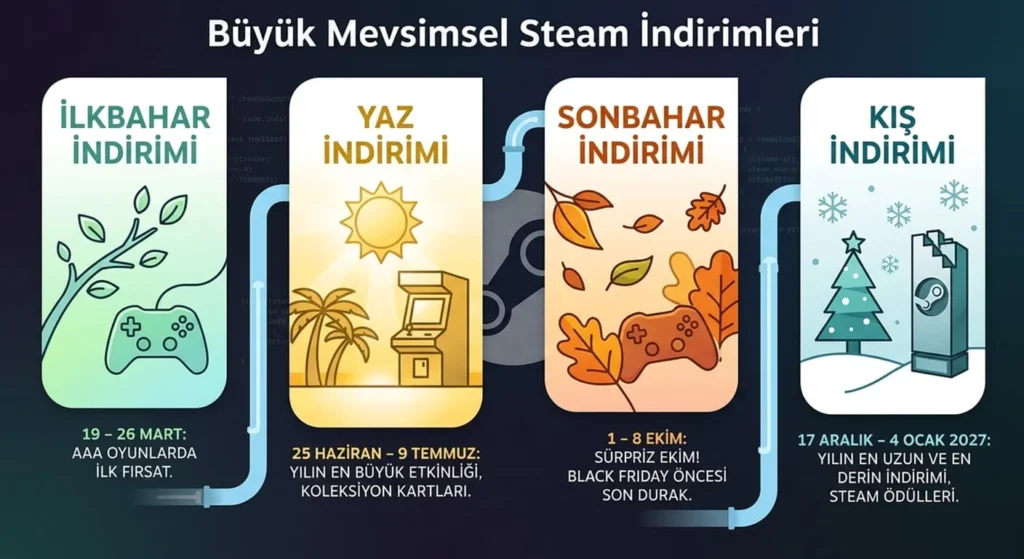 2026 Steam İlkbahar Yaz Sonbahar ve Kış indirimi tarihleri infografiği