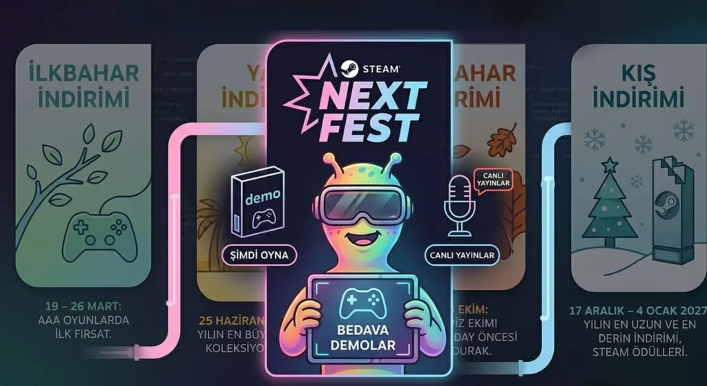 Steam Next Fest 2026 ücretsiz oyun demoları ve canlı yayınlar infografiği