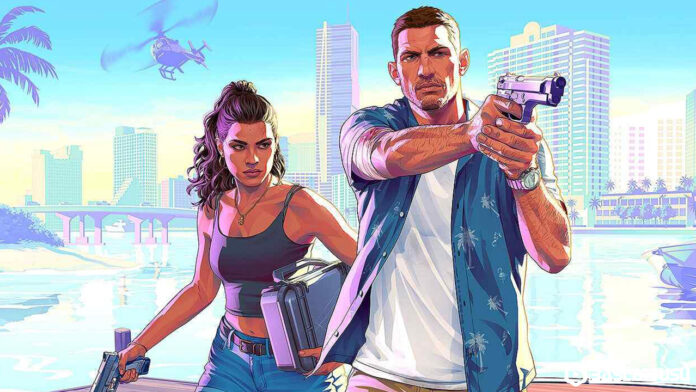 GTA 6 ana karakterleri Lucia ve Jason Vice City sahilinde; arka planda UGC sistemiyle milyonlar kazandıracak şehir manzarası.