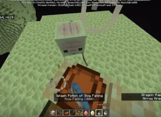 End adasında beyaz küp şeklindeki bir yaratığa binmiş Minecraft karakteri bakış açısı. Ekranda iksir simgesi ve oyun arayüzü görünmektedir.