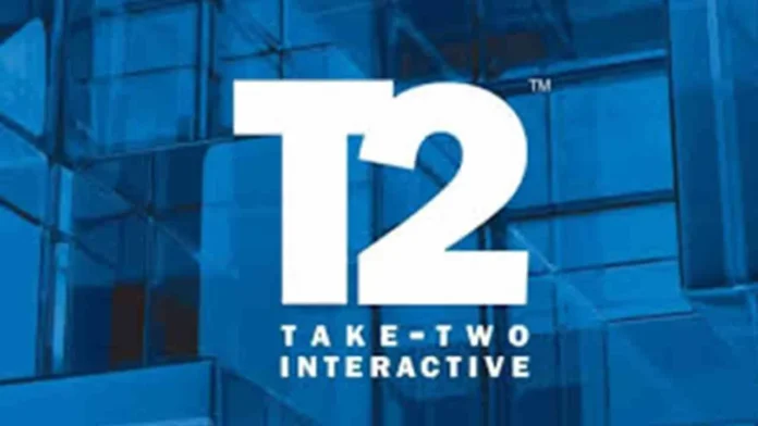 Take-Two-Interactive Take-Two Interactive şirket logosu ve modern ofis binası yansıması.