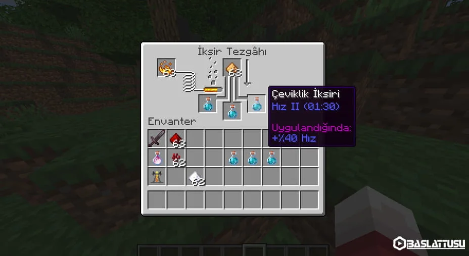 Minecraft simya standında Hız I iksirinin üzerine Işık Taşı Tozu (Glowstone Dust) eklenerek Hız II (Seviye 2) iksiri elde edilmesi.