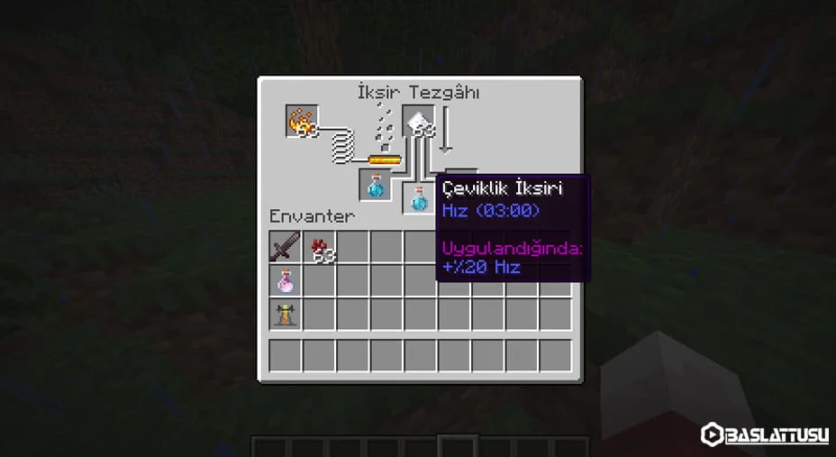 Minecraft simya standında Garip İksir şişelerine Şeker eklenerek Hız İksiri (Potion of Swiftness) elde edilmesi süreci.