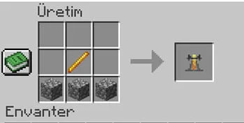 Minecraft iksir standı (brewing stand) nasıl yapılır: Blaze çubuğu ve 3 kırık taşın çalışma masasındaki dizilimi.