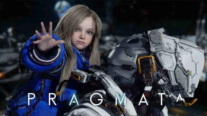 pragmata-1-milyon-satis-barajini-asti Pragmata oyununun ana karakterleri: Fütüristik mavi giysili sarışın kız çocuğu ve yanındaki büyük beyaz robot, uzay enkazı ve Dünya manzaralı arka planda.