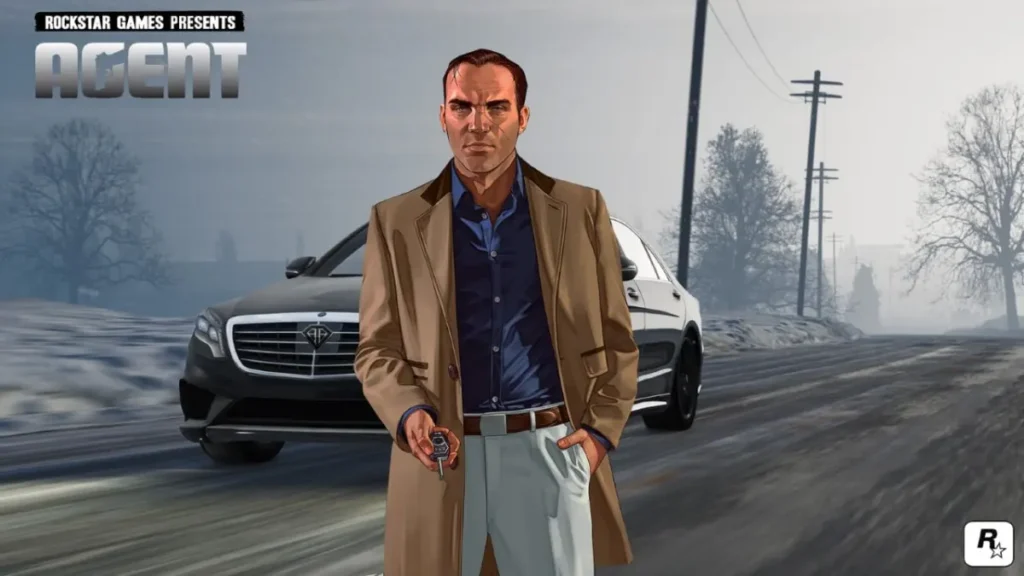 Karlı bir yolda, lüks bir arabanın önünde duran, üzerinde kahverengi pardösü ve mavi gömlek olan Agent oyununun başrol karakteri konsept çizimi.