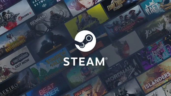 Merkezde beyaz Steam logosu ve arka planda çeşitli popüler bilgisayar oyunlarının (Cyberpunk 2077, Stardew Valley, Sekiro) kapak görsellerinden oluşan kolaj.